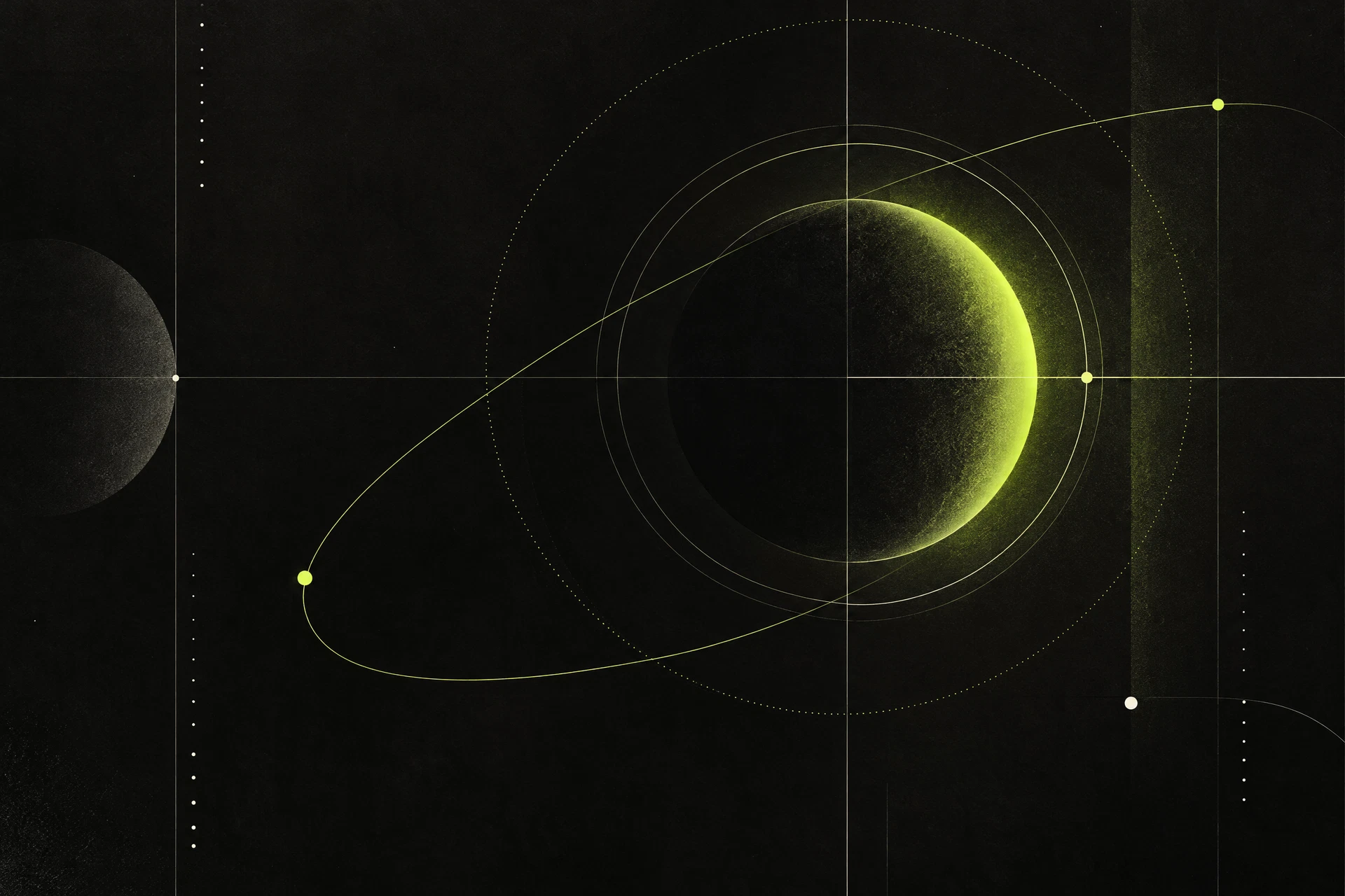 Abstract chartreuse orbital form on a charcoal field